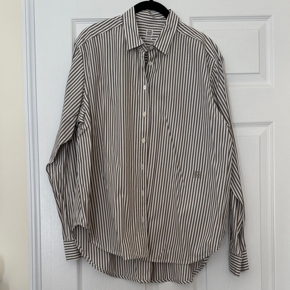 Toteme Tops - Toteme Women’s Brown and White Striped Cotton Poplin Shirt Euro Size 40